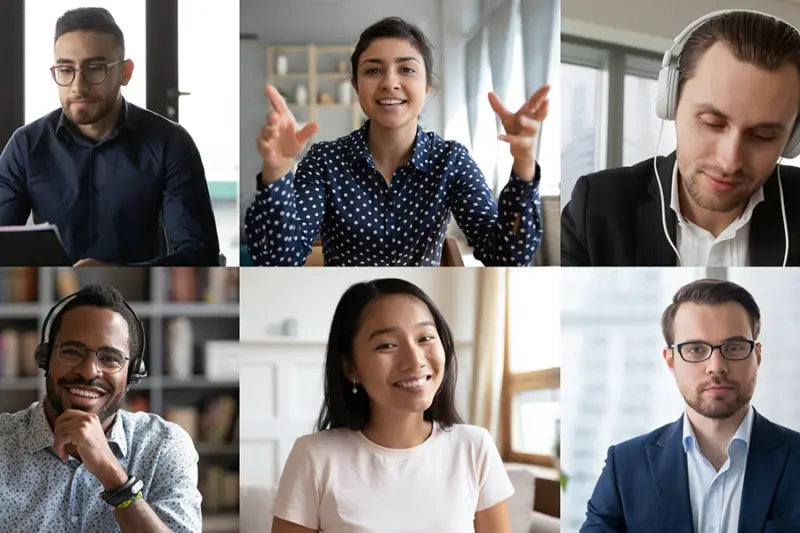 A collage photo of people in virtual meeting